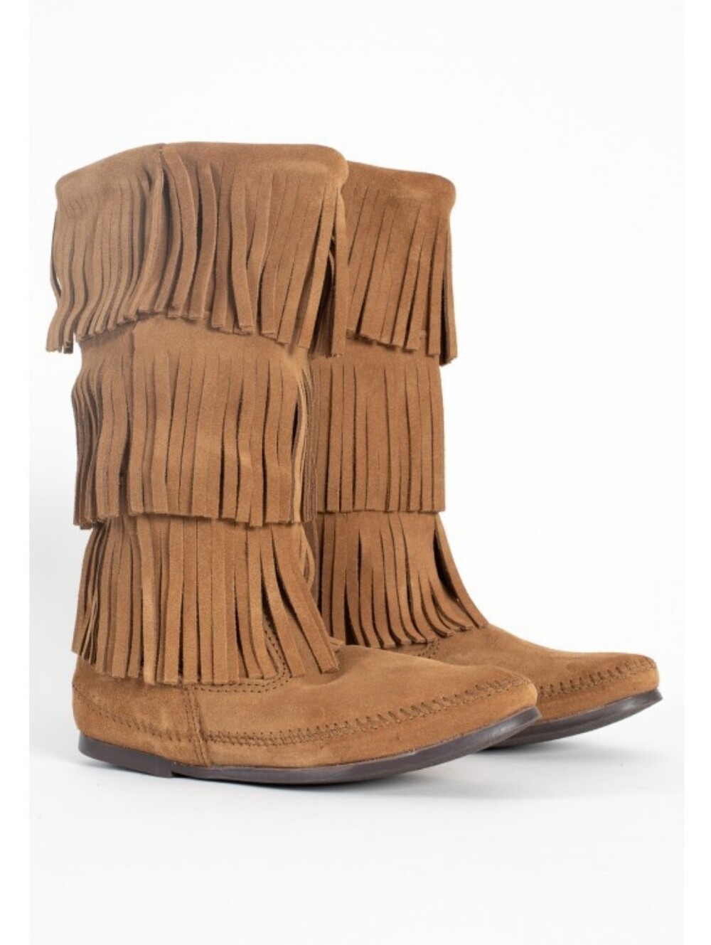 Authentic Minnetonka 3 Layer Fringe Boots Taupe Suede Size 6 Boho Western - Picture 5 of 6